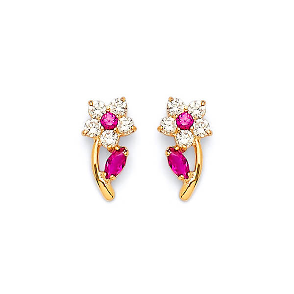 Flower Stud Earrings with Pink & White CZ in 14K Gold and Butterfly Backing