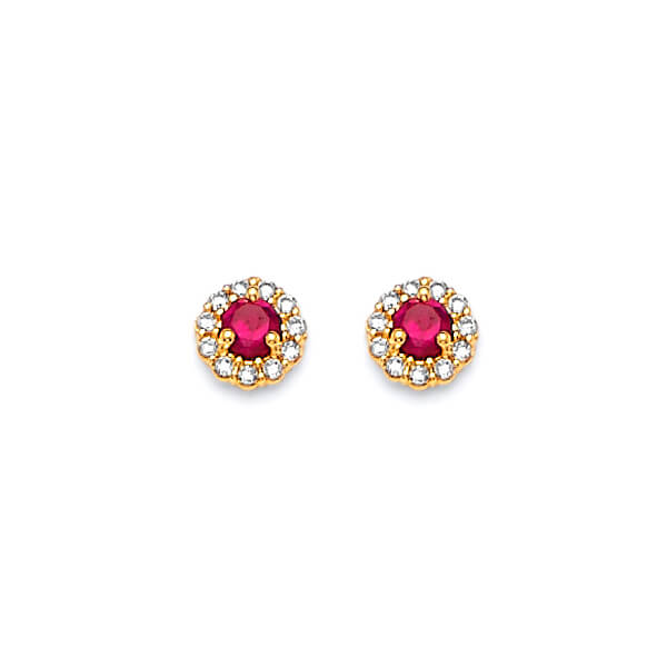 Solitaire Stud Earrings with Red & White CZ in 14K Gold and Screw Backing