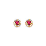 Solitaire Stud Earrings with Red & White CZ in 14K Gold and Screw Backing