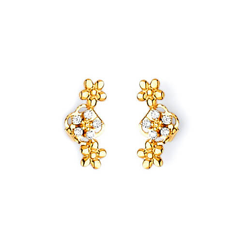 Flower Stud Earrings with White CZ in 14K Gold and Butterfly Backing