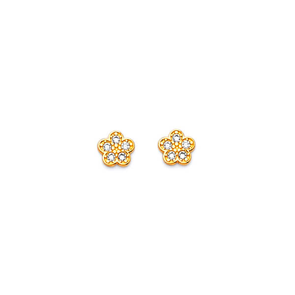 Flower Stud Earrings with White CZ in 14K Gold and Butterfly Backing