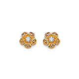Flower Stud Earrings with White CZ in 14K Gold and Butterfly Backing