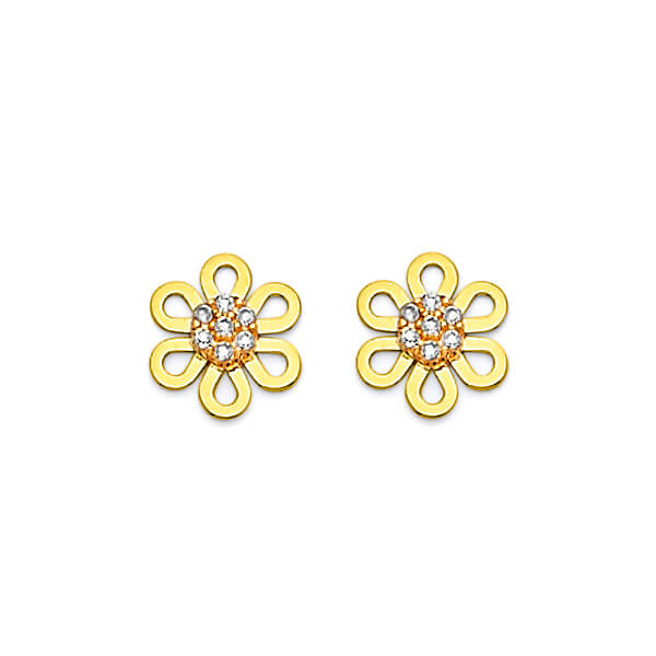 Flower Stud Earrings with White CZ in 14K Two-Tone Gold and Screw Backing