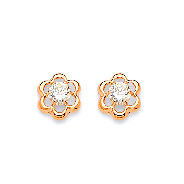 Stud Earrings with White CZ in 14K Rose Gold and Butterfly Backing