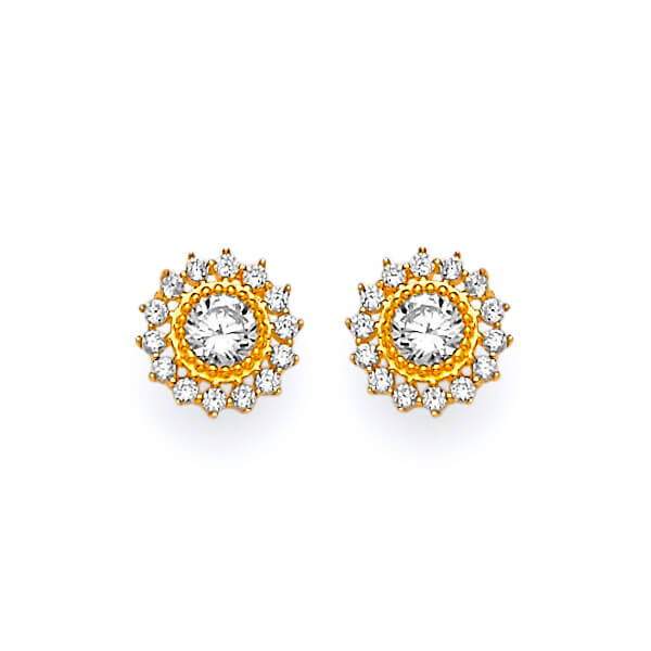 Flower Stud Earrings with White CZ in 14K Gold and Butterfly Backing