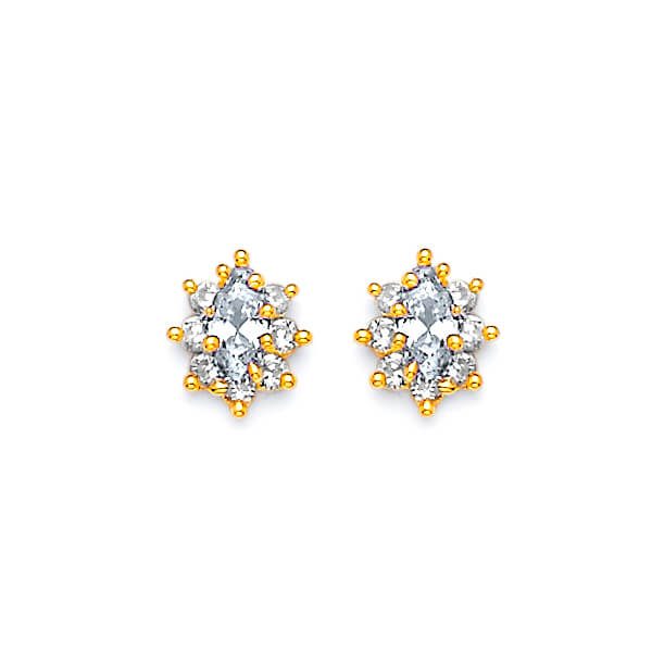 Flower Stud Earrings with White CZ in 14K Gold and Butterfly Backing