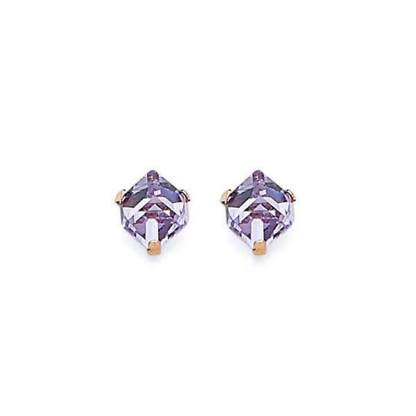 Solitaire Stud Earrings with Purple CZ in 14K Gold and Butterfly Backing