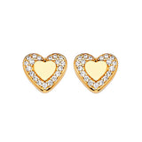 Heart Stud Earrings with White CZ in 14K Gold and Butterfly Backing