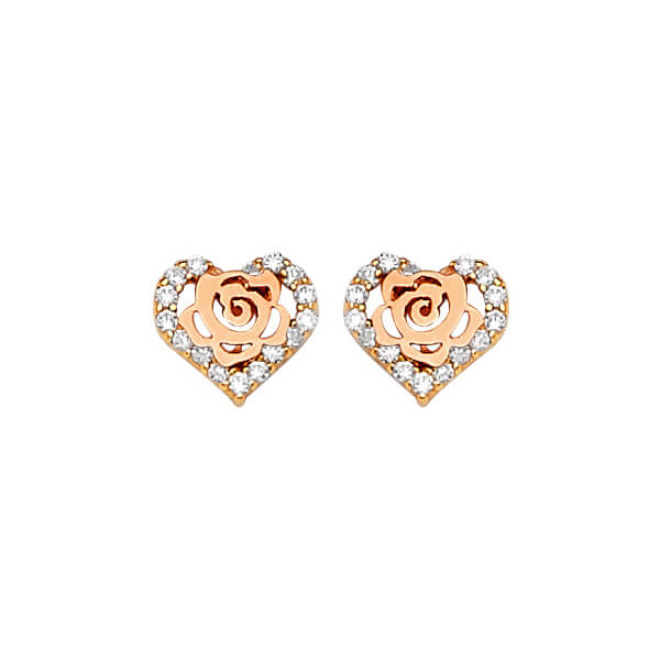 Heart Stud Earrings with White CZ in 14K Two-Tone Gold and Butterfly Backing
