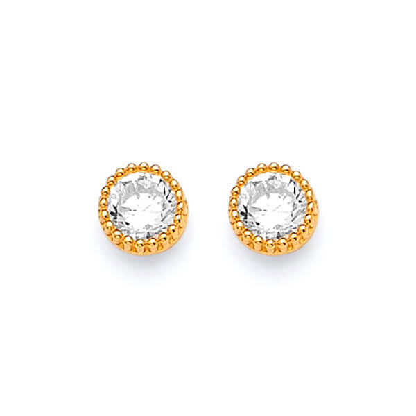 Solitaire Stud Earrings with White CZ in 14K Gold and Butterfly Backing