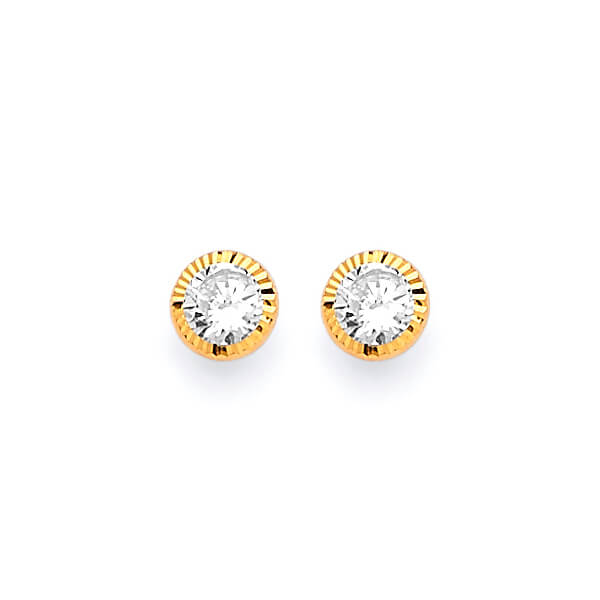 Solitaire Stud Earrings with White CZ in 14K Gold and Butterfly Backing