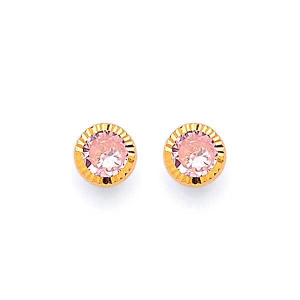 Solitaire Stud Earrings with Pink CZ in 14K Gold and Butterfly Backing