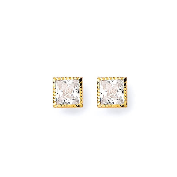 Solitaire Stud Earrings with White CZ in 14K Gold and Butterfly Backing