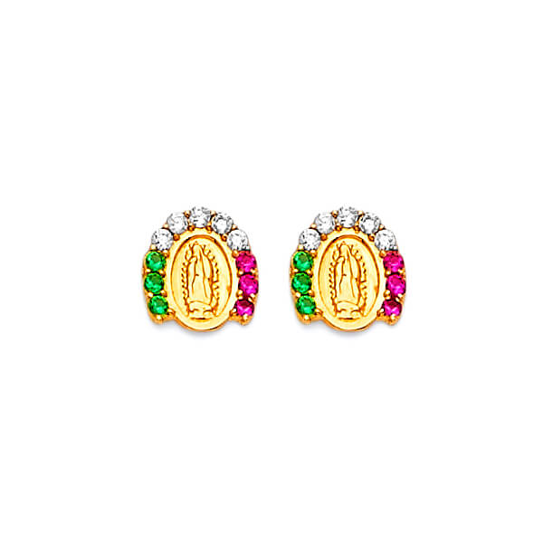 Guadalupe Stud Earrings with Green, White & Red CZ in 14K Gold Screw Back