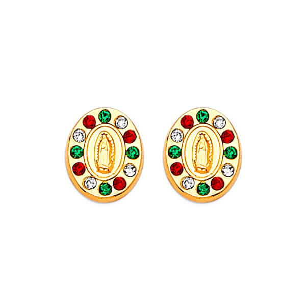 Guadalupe Stud Earrings with Green, White & Red CZ in 14K Gold and Butterfly Backing