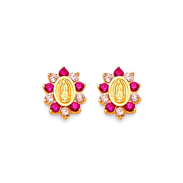 Guadalupe Stud Earrings with Red & Pink CZ in 14K Gold and Butterfly Backing