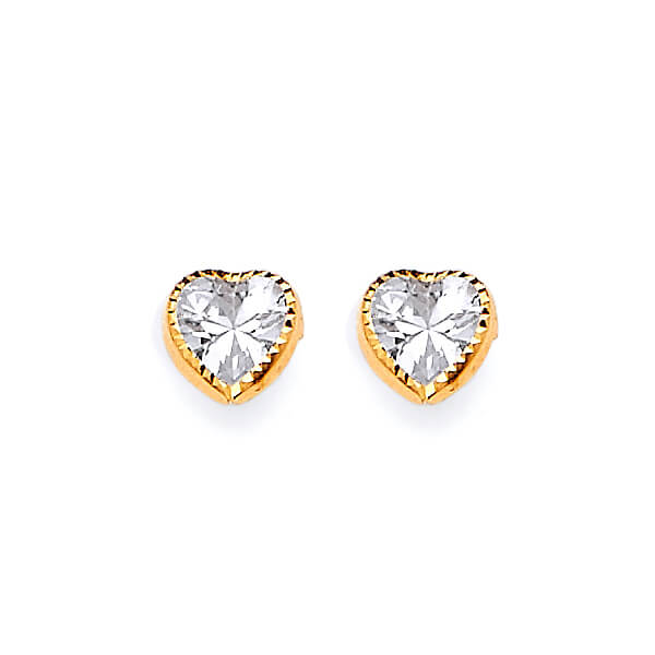 Heart Solitaire Stud Earrings with White CZ in 14K Gold and Butterfly Backing