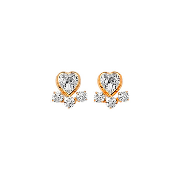 Heart Stud Earrings with White CZ in 14K Gold and Screw Backing
