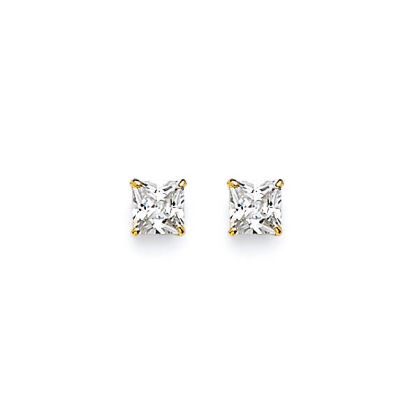 Solitaire Stud Earrings with White CZ in 14K Gold and Screw Backing