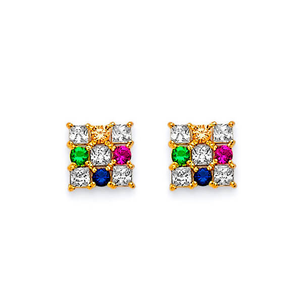 Stud Earrings with Multi-Color CZ in 14K Gold and Butterfly Backing
