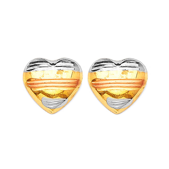 Heart Stud Earrings in 14K Tri-Color Gold and Butterfly Backing
