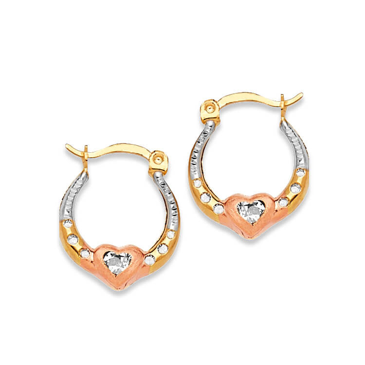 Heart Scallop Hoop Earrings with White CZ in 14K Tri-Color Gold