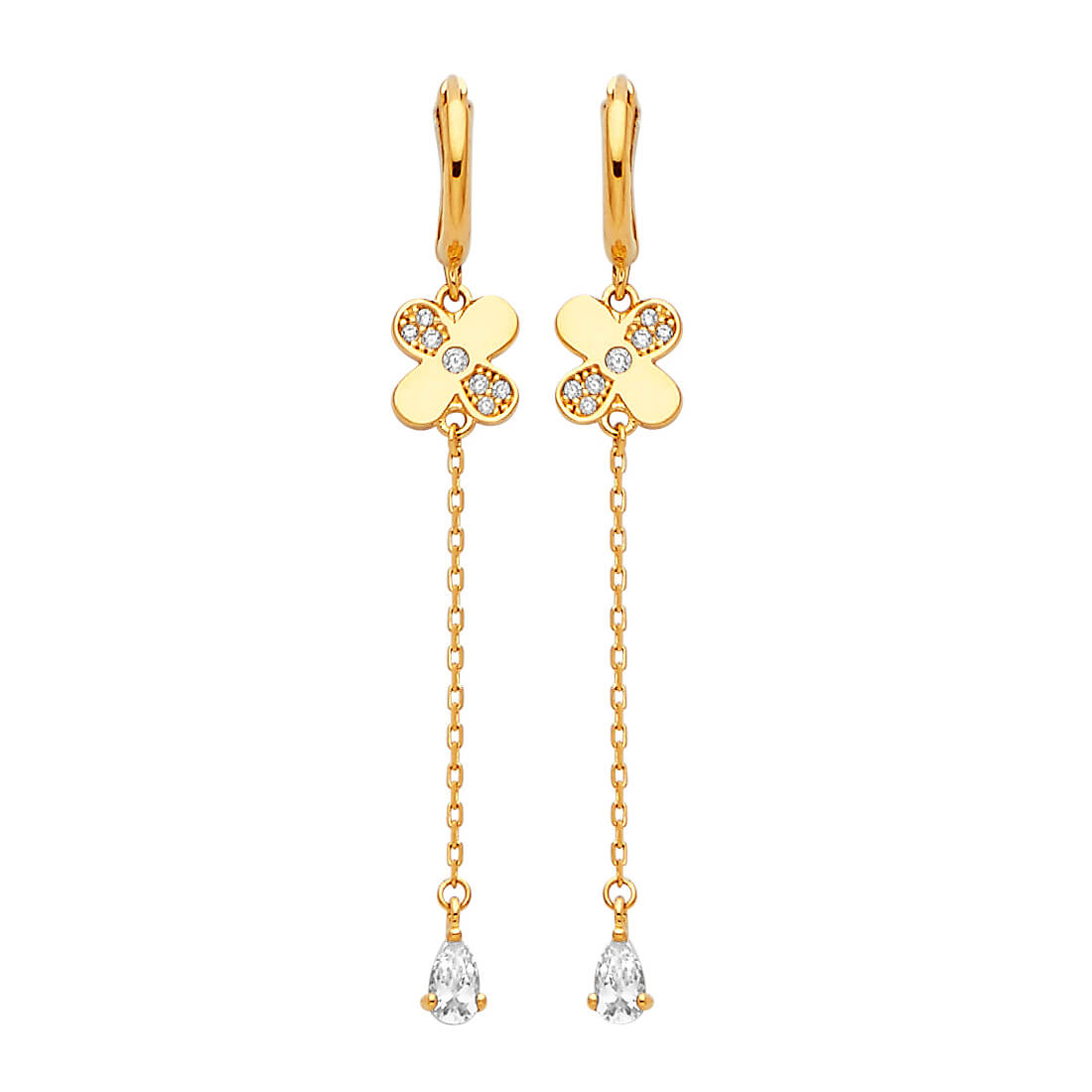 Flower Drop Earrings with White CZ in 14K Gold