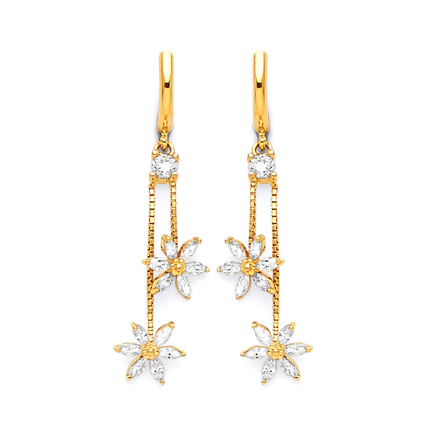 Flower Tassel Earrings with White CZ in 14K Gold