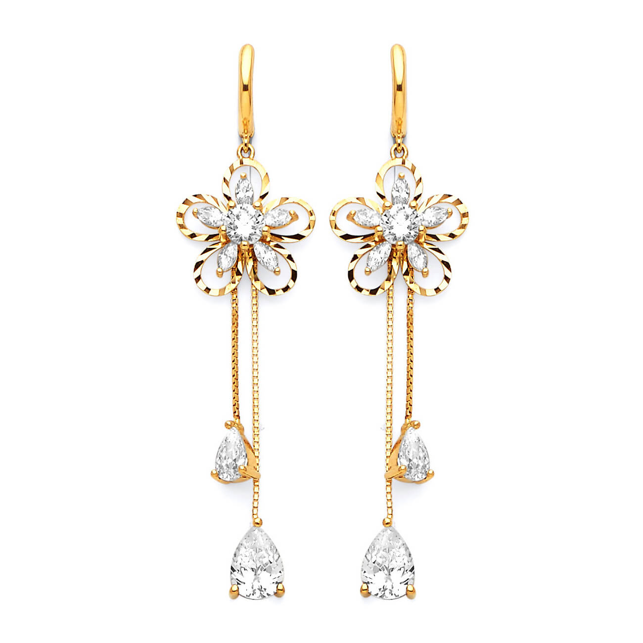 Flower Tassel Earrings with White CZ in 14K Gold