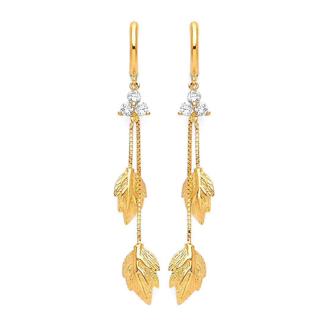 Leaf Tassel Earrings with White CZ in 14K Gold