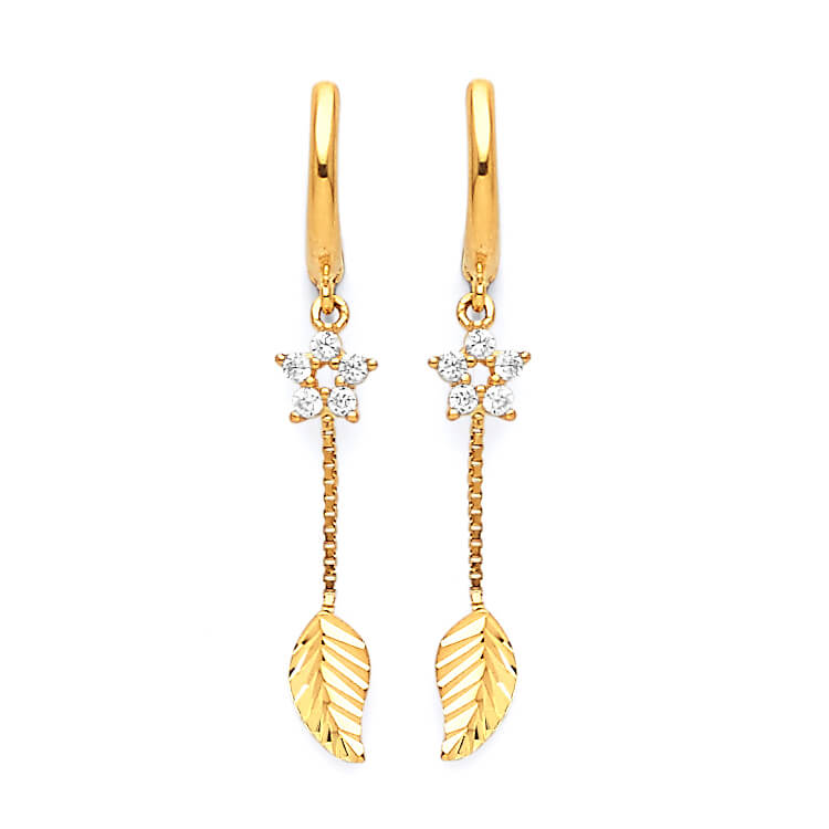 Leaf Drop Earrings with White CZ in 14K Gold