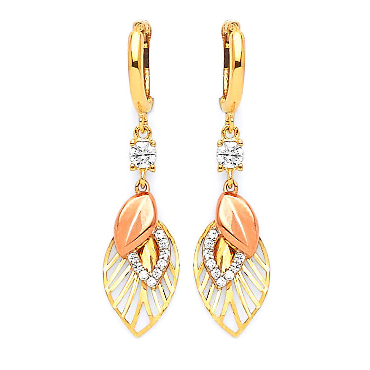 Leaf Drop Earrings with White CZ in 14K Two-Tone Gold