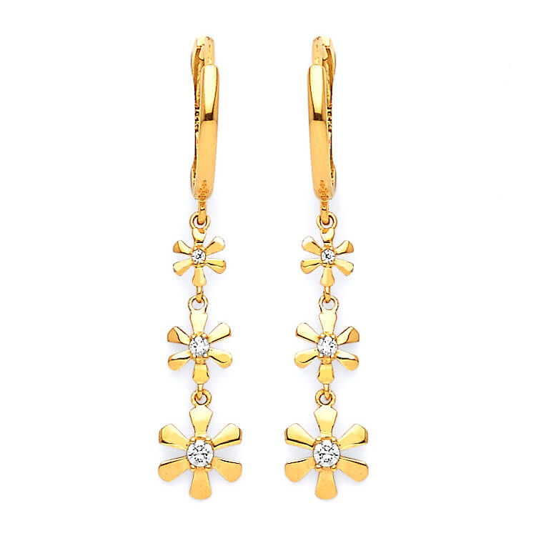 Flower Drop Earrings with White CZ in 14K Gold
