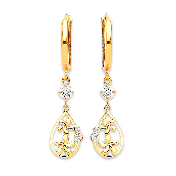 Flower Drop Earrings with White CZ in 14K Gold