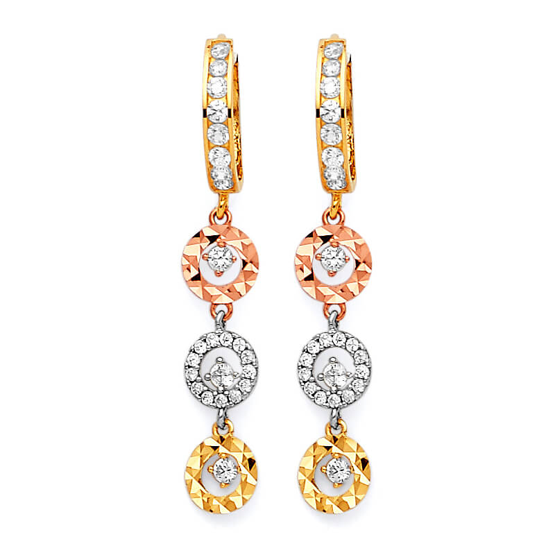 Drop Earrings with White CZ in 14K Tri-Color Gold