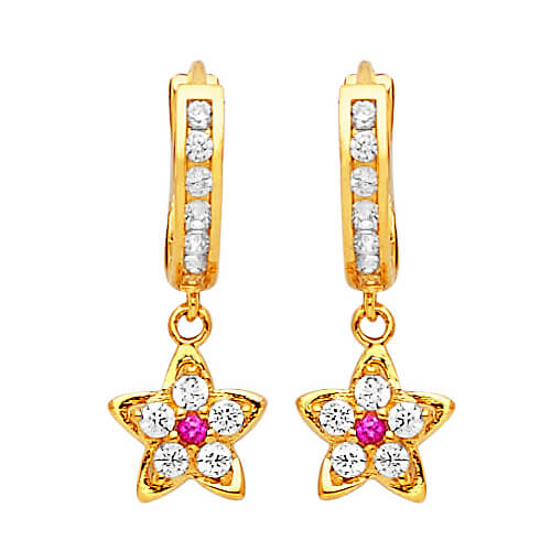 Flower Drop Earrings with Red & White CZ in 14K Gold