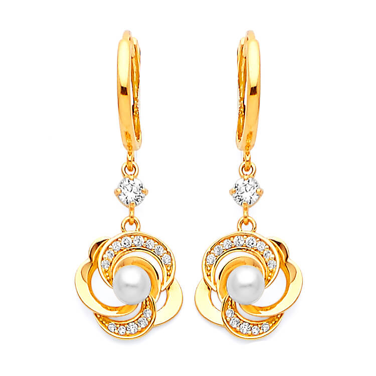Flower Drop Earrings with White CZ and Pearl in 14K Gold