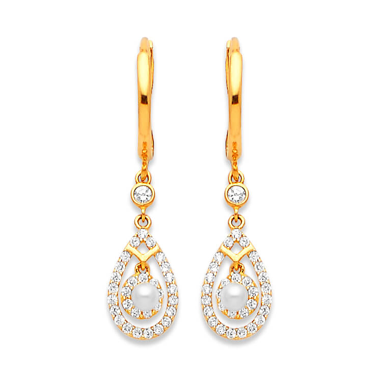 Drop Earrings with White CZ and Pearl in 14K Gold