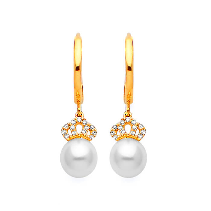 Tiara Drop Earrings with White CZ and Pearl in 14K Gold