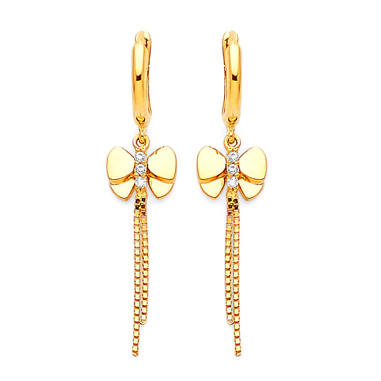 Butterfly Tassel Earrings with White CZ in 14K Gold