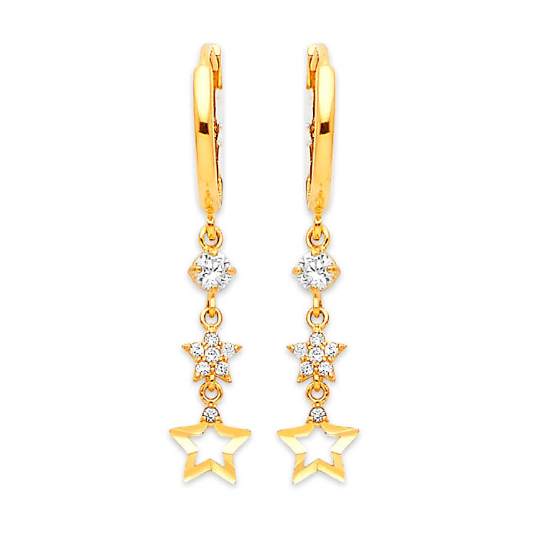 Star Drop Earrings with White CZ in 14K Gold