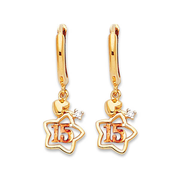 Star Drop Earrings with White CZ in 14K Tri-Color Gold