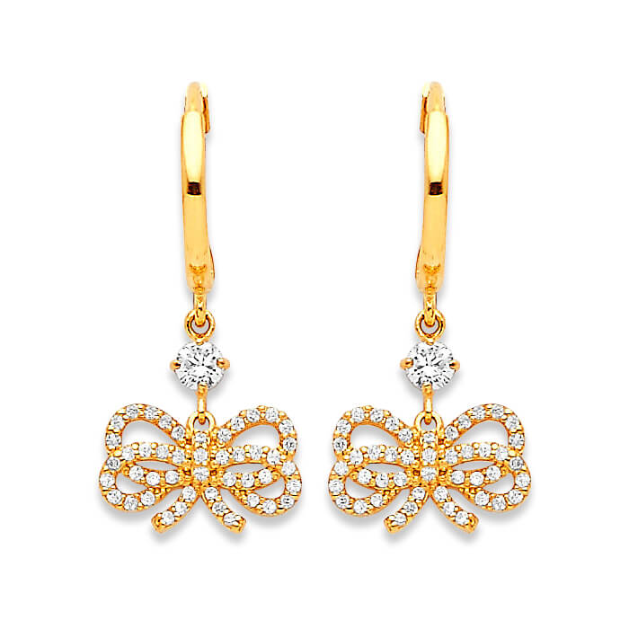 Ribbon Drop Earrings with White CZ in 14K Gold