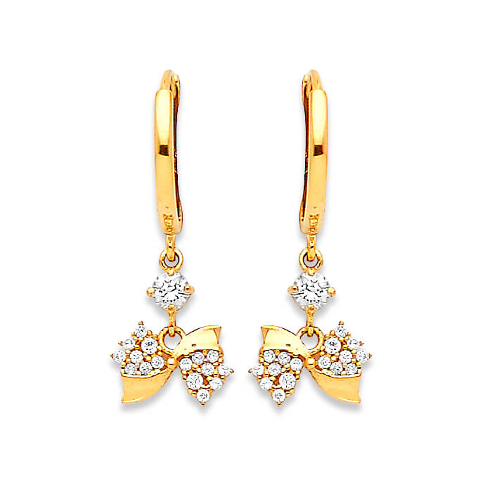 Ribbon Drop Earrings with White CZ in 14K Gold