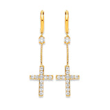 Cross Drop Earrings with White CZ in 14K Gold