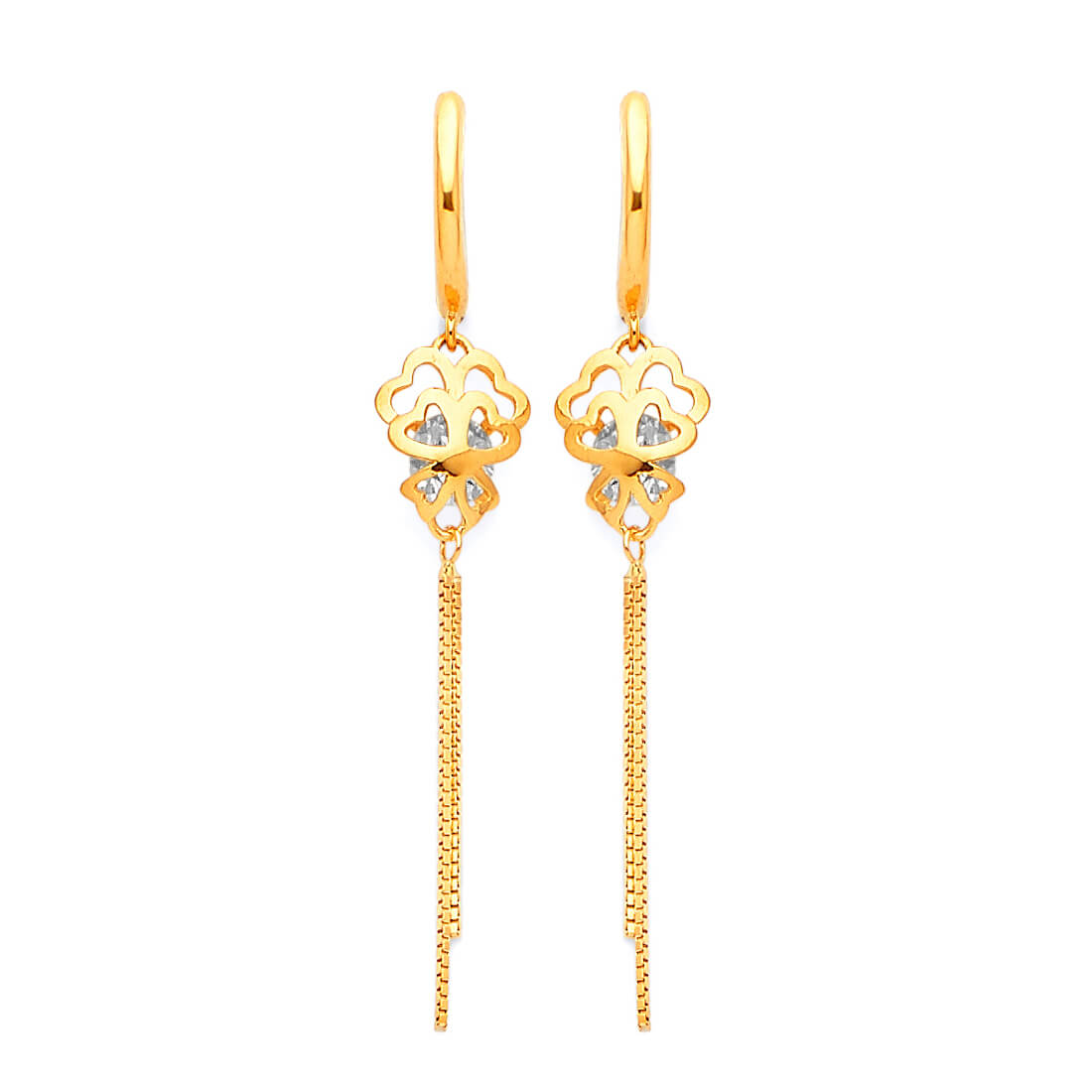 Heart Tassel Earrings with White CZ in 14K Gold