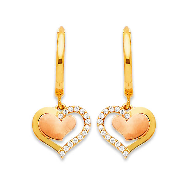 Heart Drop Earrings with White CZ in 14K Two-Tone Gold