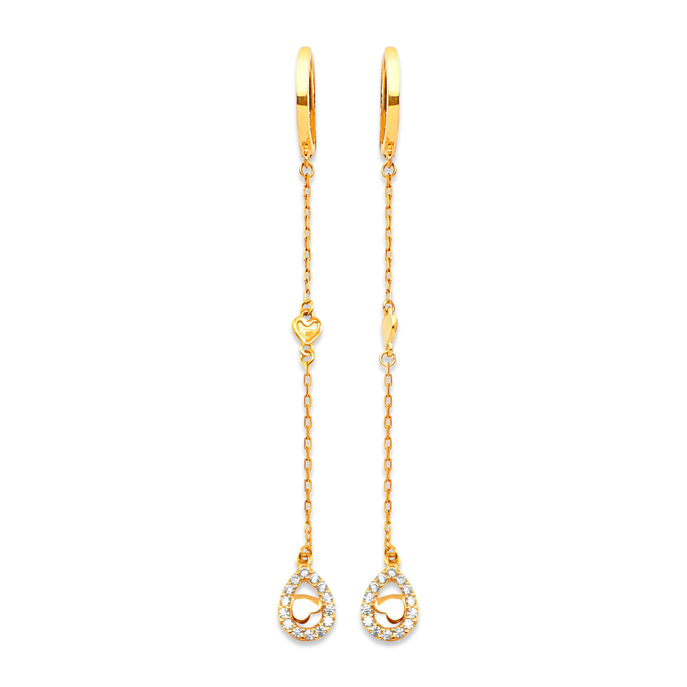Heart Drop Earrings with White CZ in 14K Gold