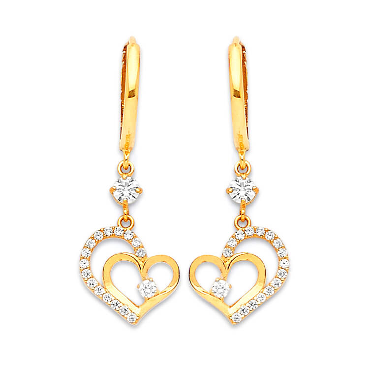 Heart Drop Earrings with White CZ in 14K Gold