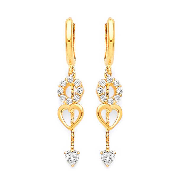 Heart Drop Earrings with White CZ in 14K Gold